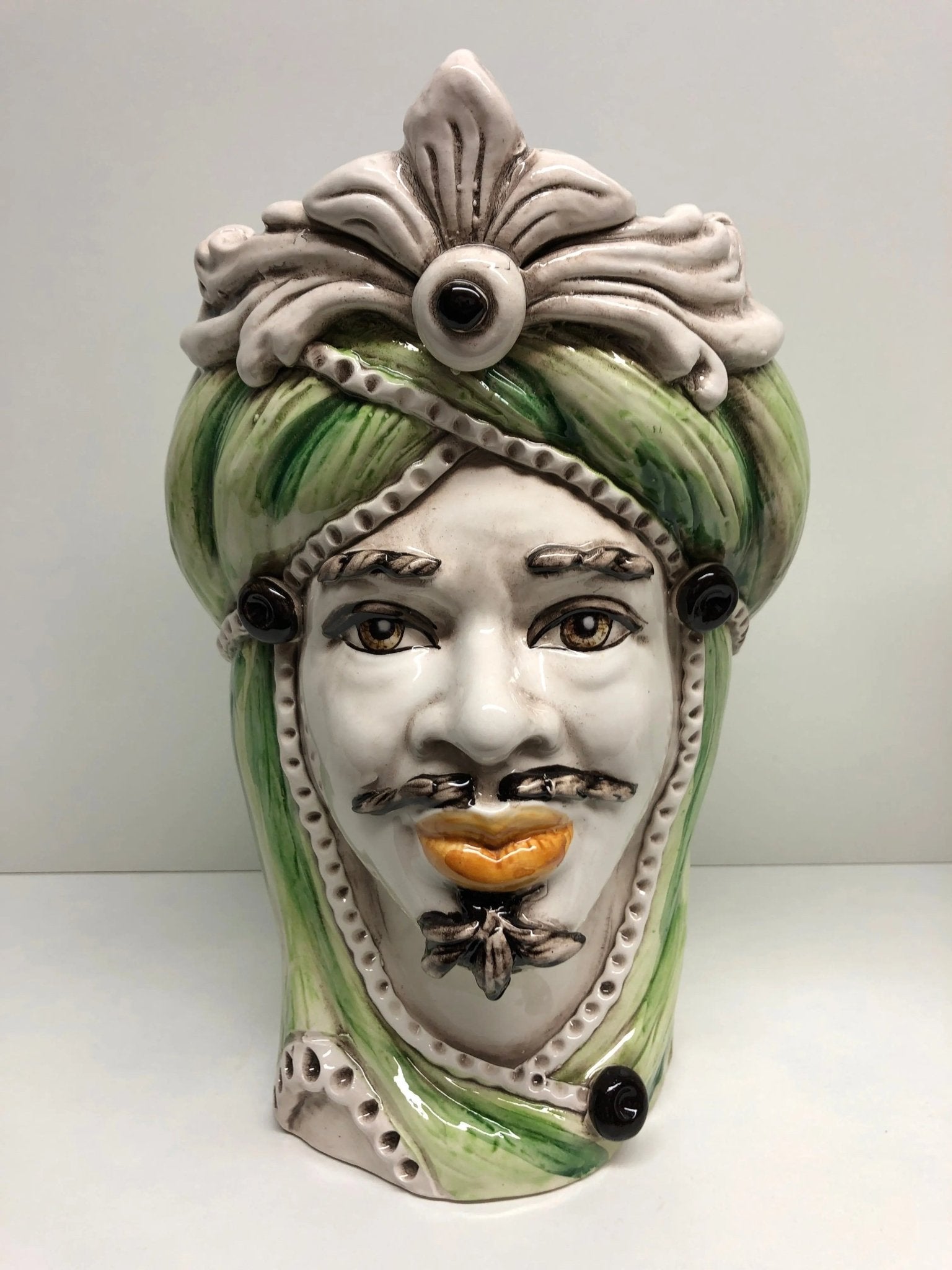 Teste di Moro Moresca Ceramica Caltagirone cm H.28 L.19 Artigianale Turbante Verde - DD CERAMICHE SICILIANE
