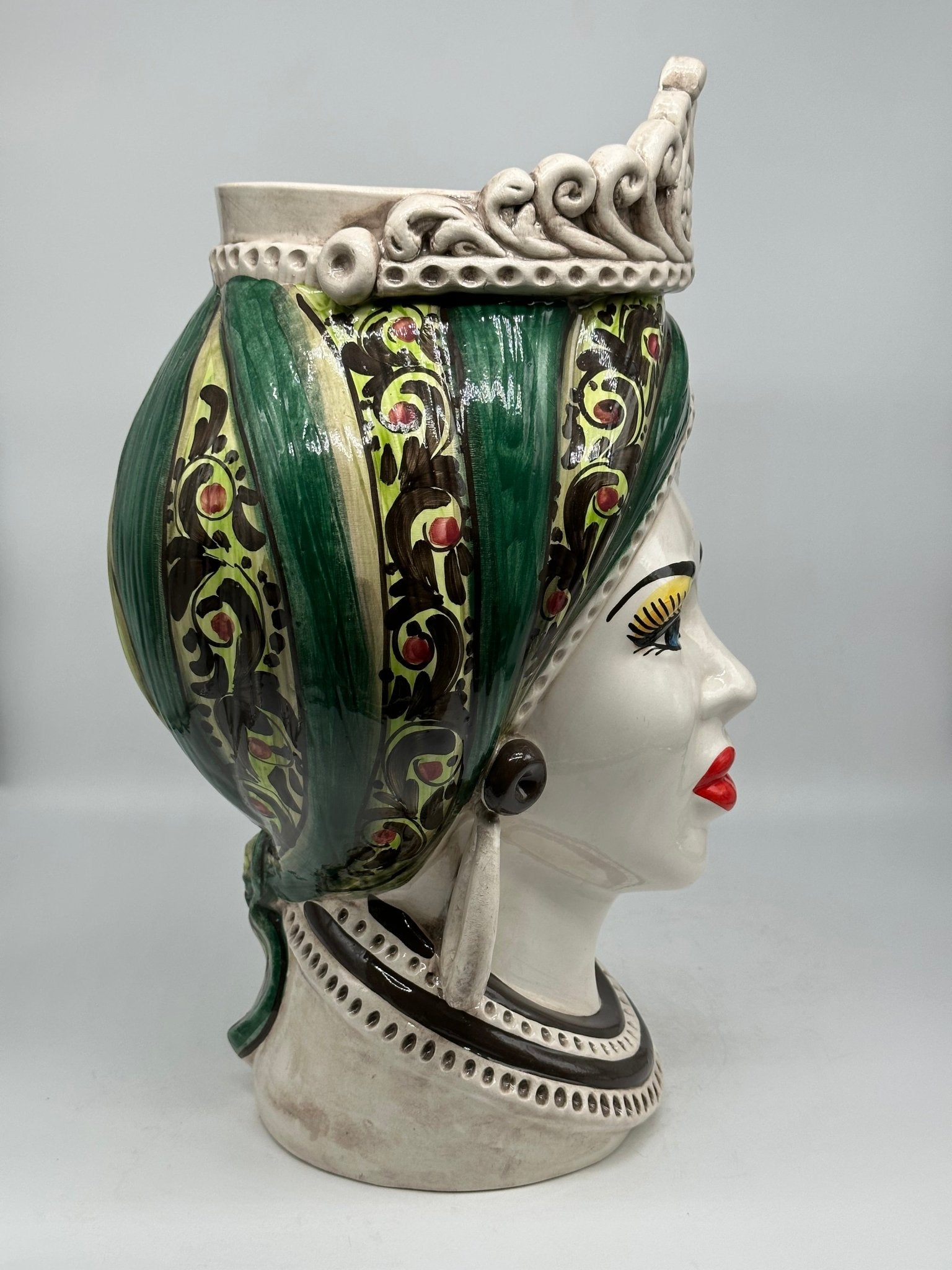 Teste di Moro Moresca Ceramica Caltagirone cm H.40 L.24 Artigianale Barocco Verde - DD CERAMICHE SICILIANE
