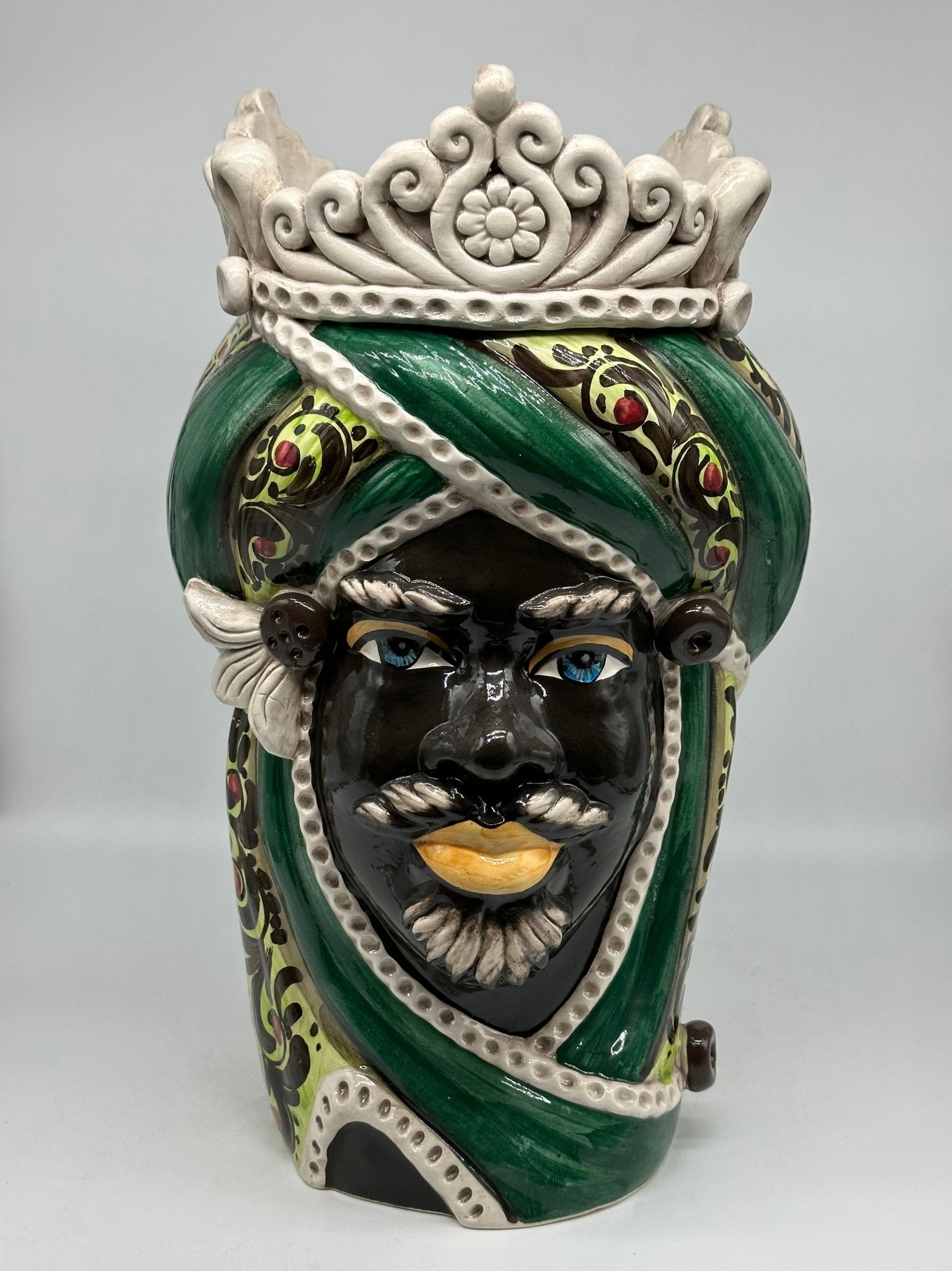 Teste di Moro Moresca Ceramica Caltagirone cm H.40 L.24 Artigianale Barocco Verde - DD CERAMICHE SICILIANE