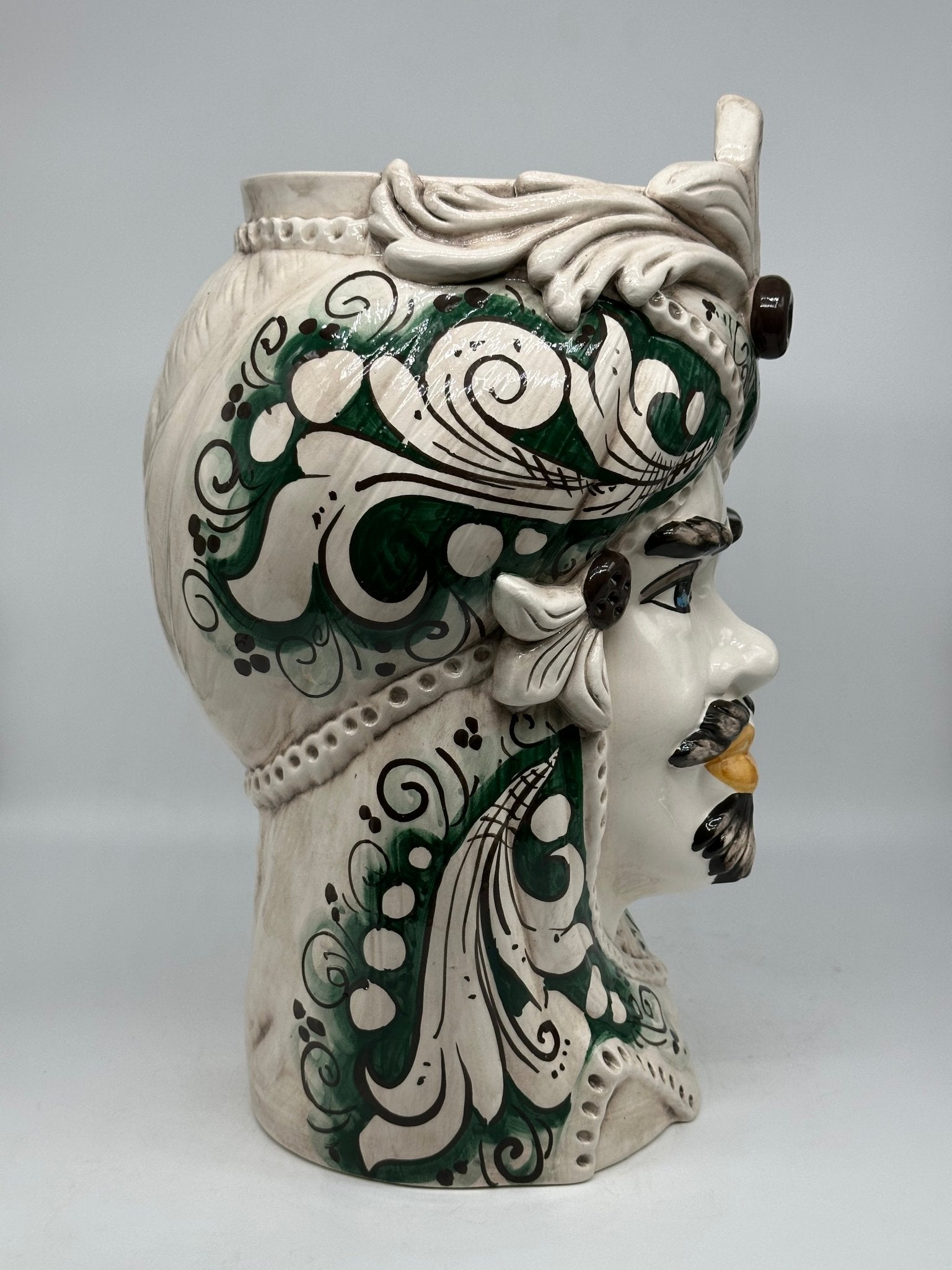 Teste di Moro Moresca Ceramica Caltagirone cm H.40 L.24 Artigianale Barocco Verde Prato - DD CERAMICHE SICILIANE