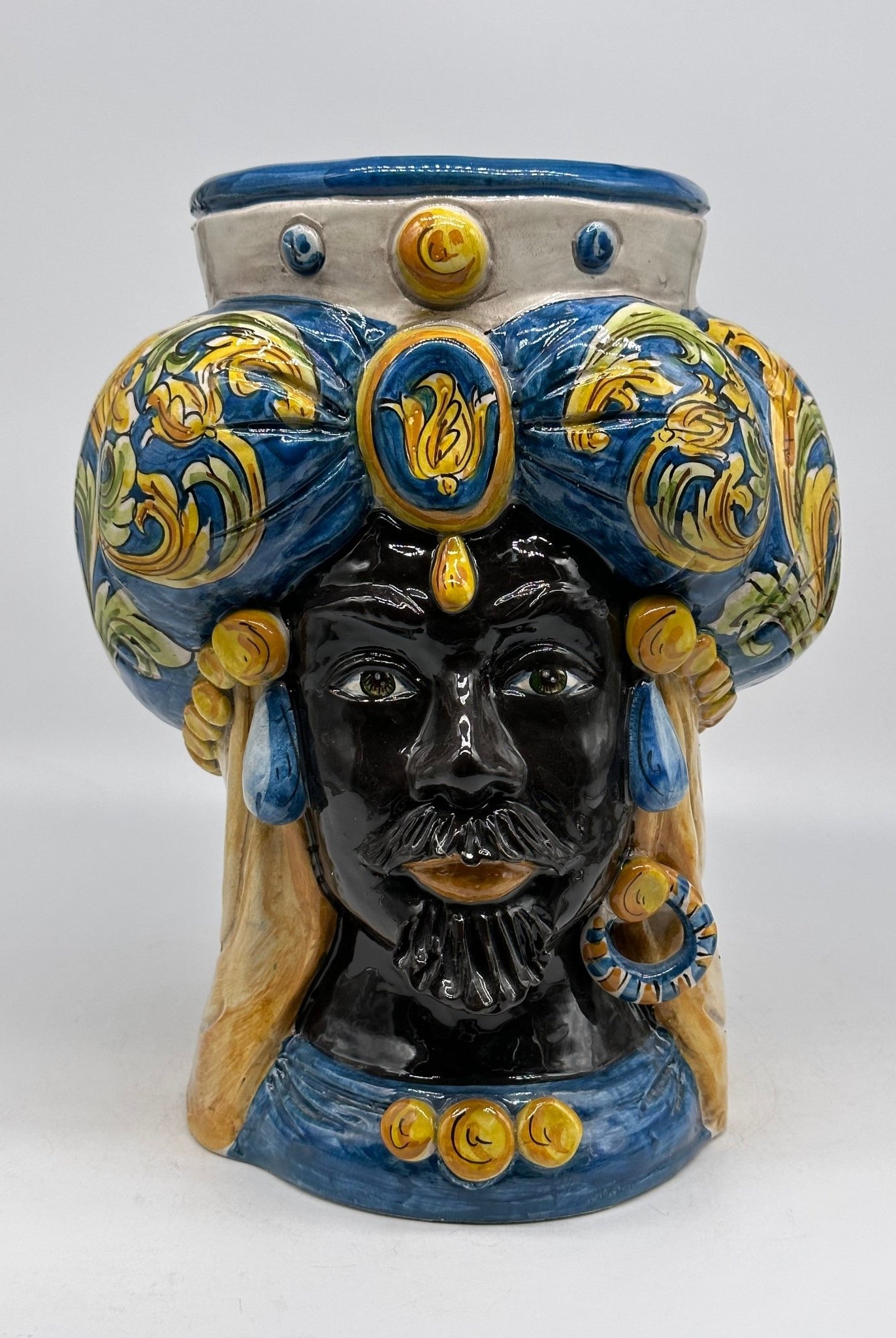 Teste di Moro Persia Ceramica Caltagirone cm H.30 L.22 Artigianale Decorazione Barocco Blu - DD CERAMICHE SICILIANE