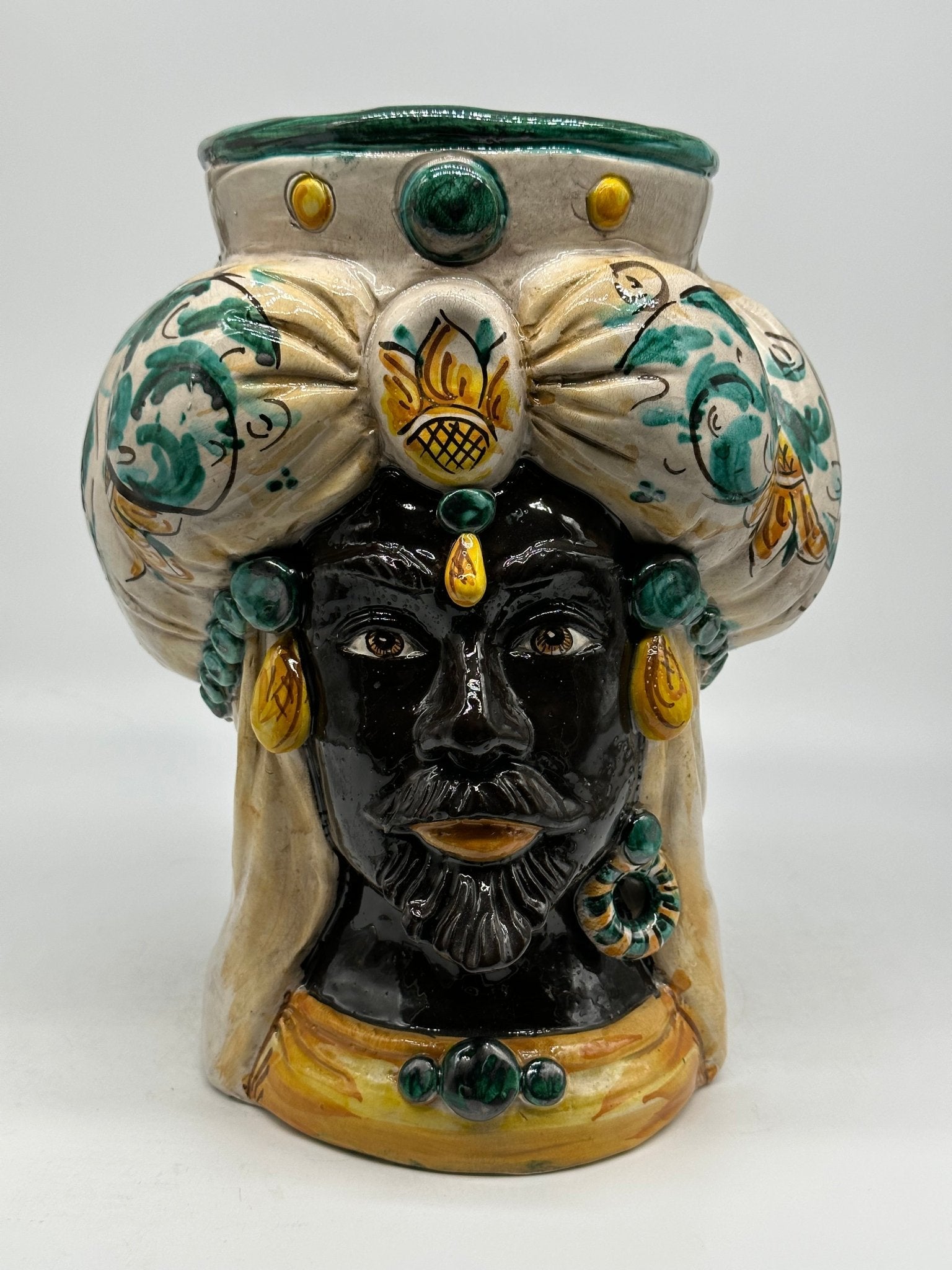 Teste di Moro Persia Ceramica Caltagirone cm H.30 L.22 Artigianale Decorazione Barocco Verde - DD CERAMICHE SICILIANE