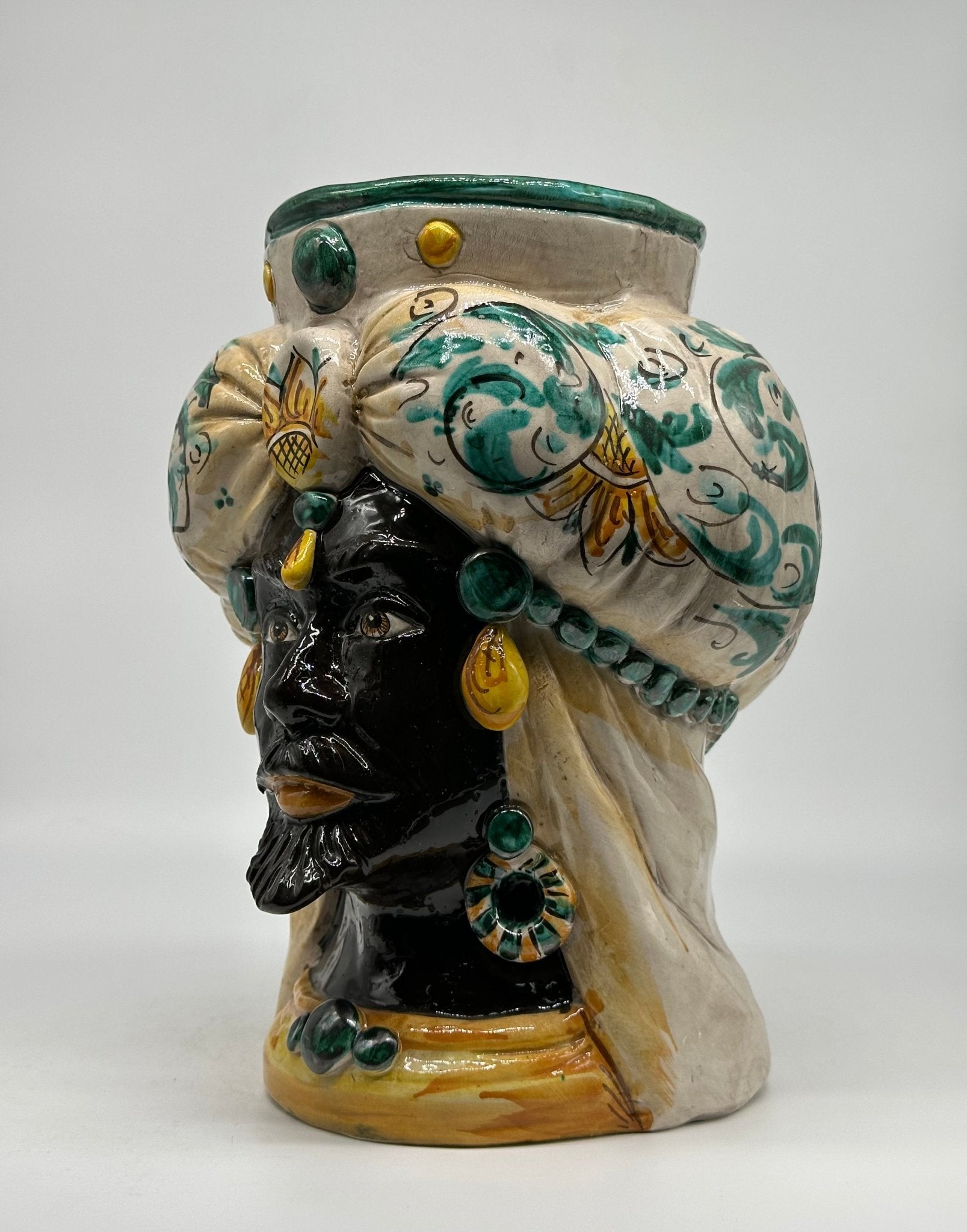 Teste di Moro Persia Ceramica Caltagirone cm H.30 L.22 Artigianale Decorazione Barocco Verde - DD CERAMICHE SICILIANE