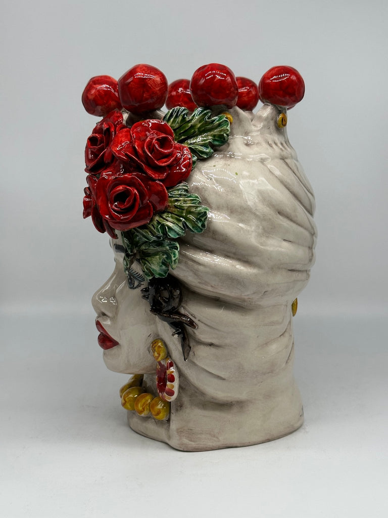 Teste di Moro Rose Rosse Ceramica Caltagirone cm H.30 L.23 Artigianale - DD CERAMICHE SICILIANE