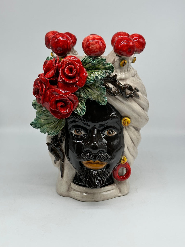 Teste di Moro Rose Rosse Ceramica Caltagirone cm H.30 L.23 Artigianale - DD CERAMICHE SICILIANE