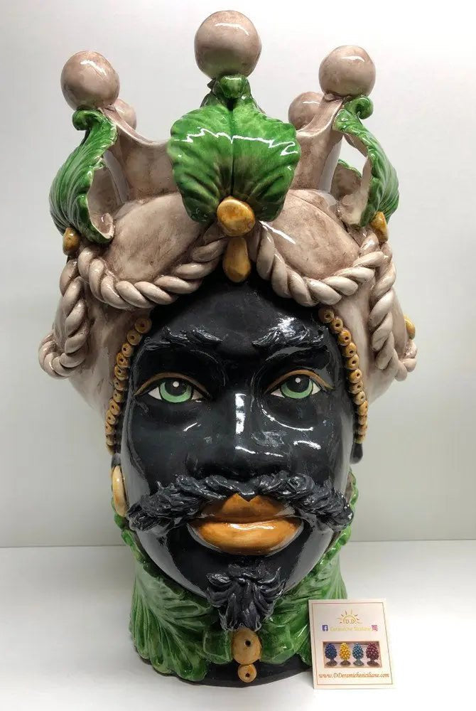 Teste di Moro Zefiro Ceramica Caltagirone cm H.43 L.26 Artigianale Écru Foglie Verde - DD CERAMICHE SICILIANE