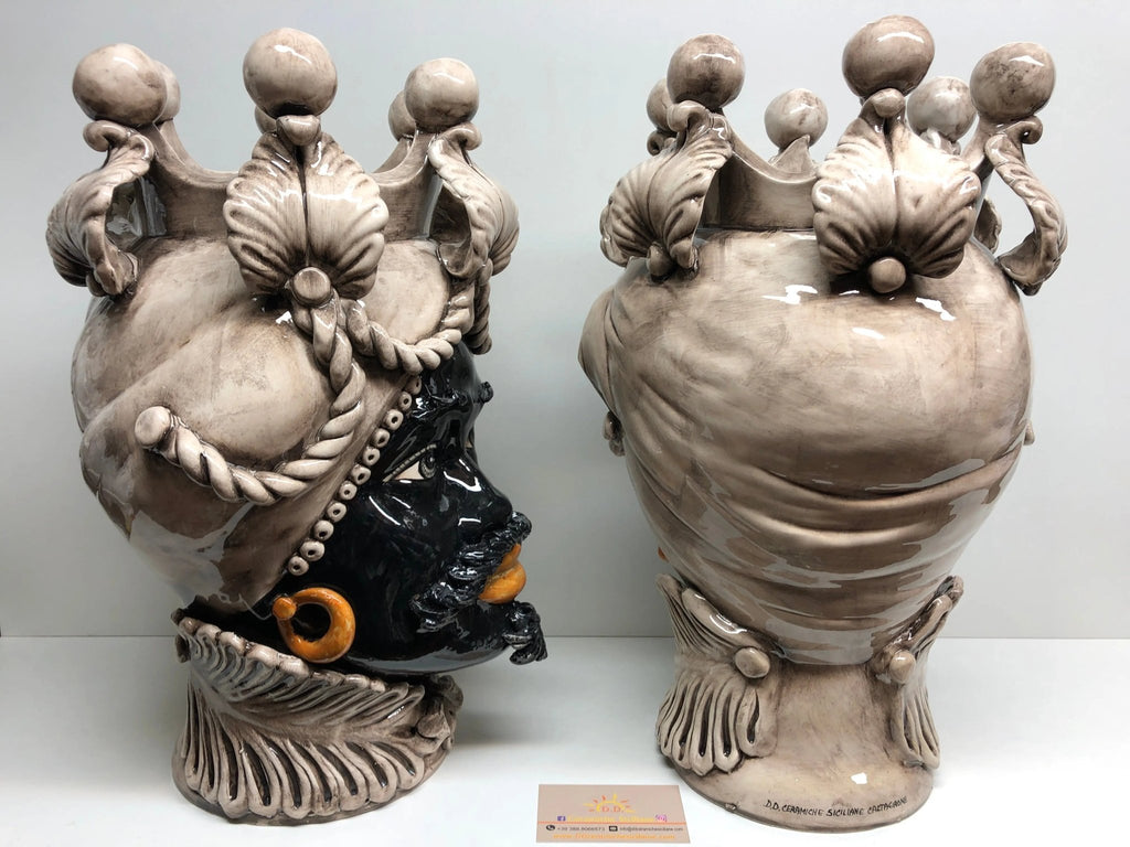 Teste di Moro Zefiro Ceramica Caltagirone cm H.43 L.26 Artigianale Invecchiato Écru - DD CERAMICHE SICILIANE