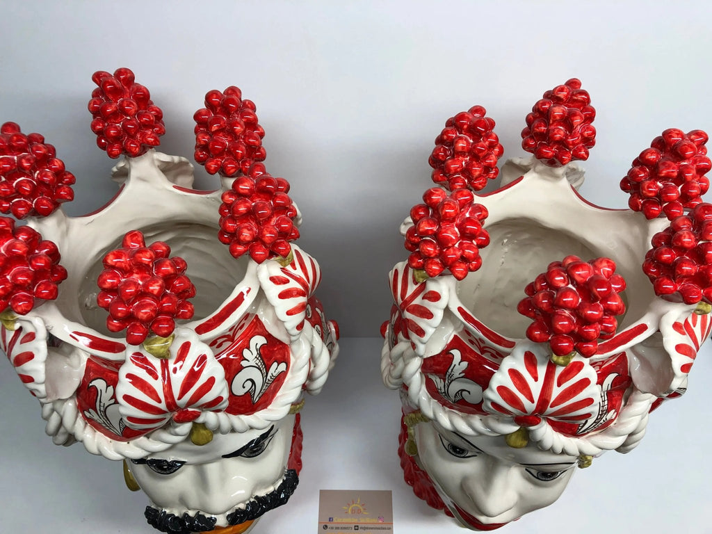 Teste di Moro Zefiro Corona Pigne Ceramica Caltagirone cm H.48 L.28 Artigianale Rosso - DD CERAMICHE SICILIANE